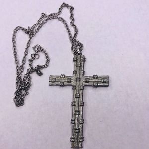 CCi Large Cross Pendant Necklace Bamboo Pattern Silver Tone 24" Chain Links